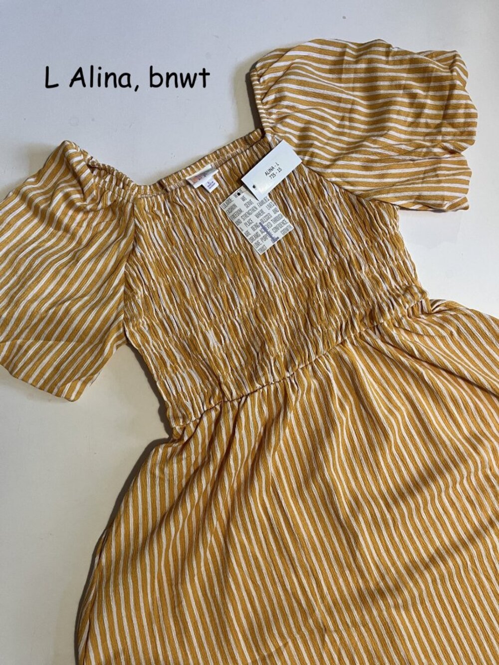 Large Lularoe Alina balloon sleeved smocked dress, gold and white stripes